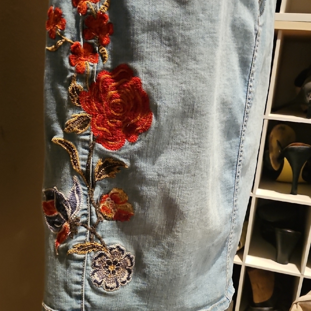 Red Top and Embroidered Denim Skirt (Pear Tree Curated)